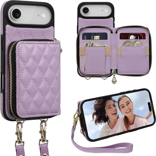 Vista 44 de Funda para iPhone 12 Pro/iPhone 12 de 6.1 pulgadas, cartera cruzada con cremallera para mujer, tarjetero con bloqueo RFID, funda de cuero con Negro