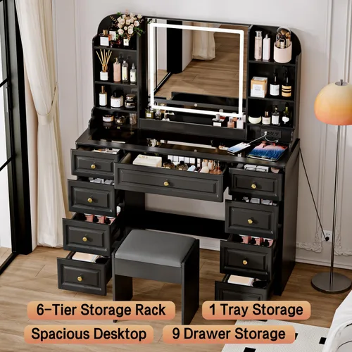 Vista 2 de 43" Lighted Makeup Vanity Set w/9 Drawers & Shelf, Padded Stool, Black