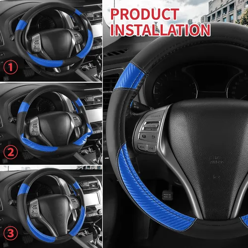 Vista 4 de Funda antideslizante de piel de napa para volante de automóvil, accesorios universales para automóvil para mujeres y hombres, apto para SUV de 14
