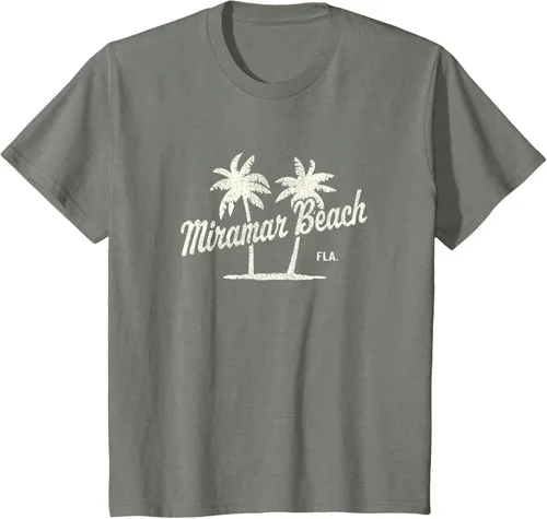 Vista 81 de Miramar Beach Florida Vintage 70s Palm Trees - Camiseta gráfica, Azul / Patchwork, S