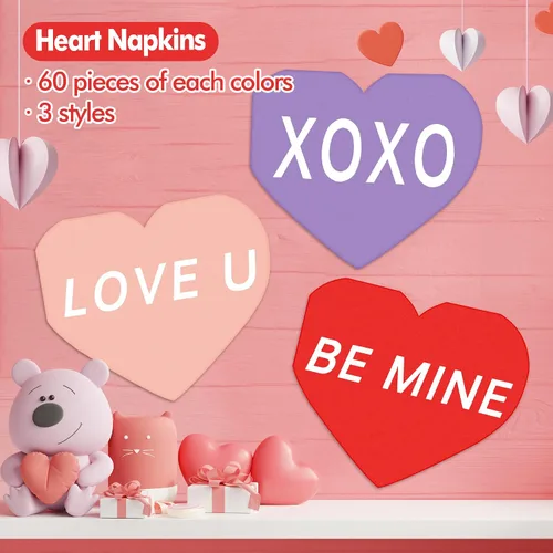 Vista 4 de 180 servilletas para el día de San Valentín, en forma de corazón, corazón rojo, desechables para cenas, almuerzos, bebidas, suministros de fiesta