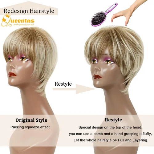 Vista 3 de QUEENTAS Pixie - Pelucas rubias cortas en capas para mujeres blancas y negras, cabello sintético (rubio mezclado con marrón)