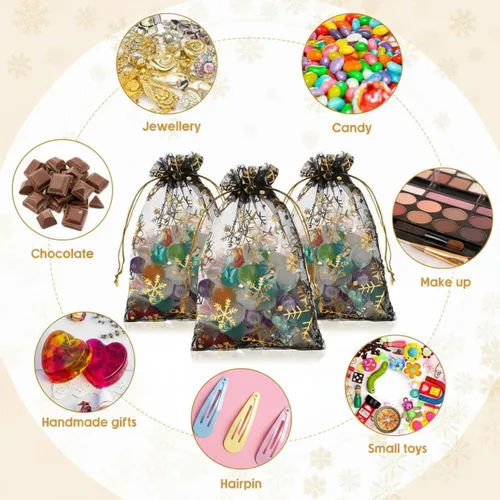 Vista 3 de Roowest 100 bolsas de regalo de organza con copos de nieve de 4 x 6 pulgadas, pequeñas bolsas de malla para joyas, mini cordón para dulces, bolsas