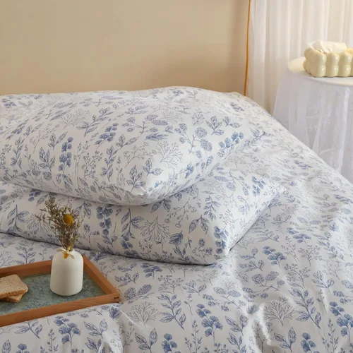 Vista 7 de Juego de funda de edredón blanca con estampado floral azul, juego de ropa de cama de algodón suave estilo bohemio, juego de ropa de cama estética