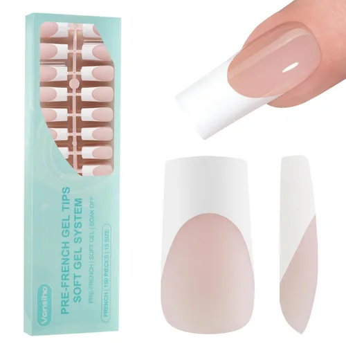 Vista 8 de Vansiho Uñas postizas de gel francés de almendra media, uñas suaves rosadas