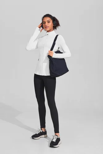 Vista 5 de PINSPARK Chaquetas atléticas para mujer, chaqueta de entrenamiento ajustada con cremallera completa, para correr, gimnasio, yoga, deportes, tops