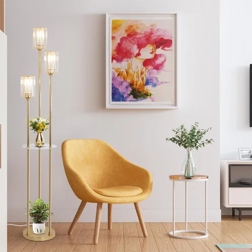 Vista 8 de HMVPL Lámparas de pie doradas para sala de estar, lámpara de pie moderna con estantes, lámparas de pie de cristal con mesa, lámpara alta de latón
