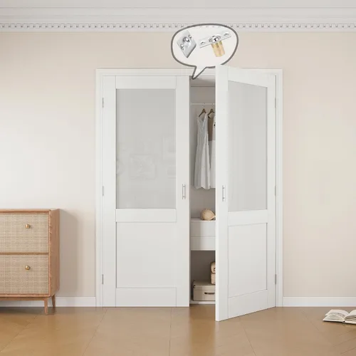 Vista 20 de Puertas francesas con cierre de bola de 36 x 80 pulgadas, 3 paneles de vidrio esmerilado de núcleo sólido preacabadas y pintables puertas dobles