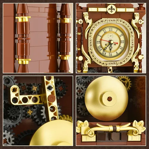 Vista 4 de Juego de construcción de reloj retro para adultos, modelo de reloj de péndulo vintage con engranajes giratorios, juguetes de bloques de construcción