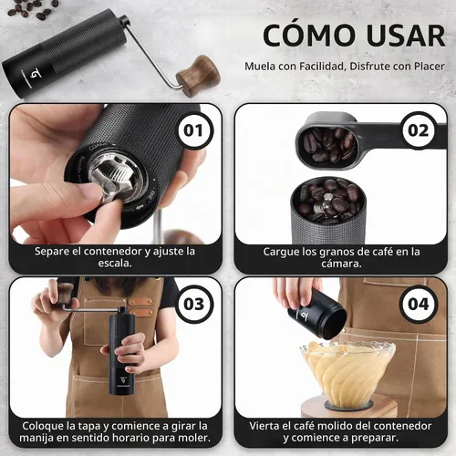Vista 7 de SUNYA Molinillo de café manual con rebabas cónicas de acero inoxidable. Molino de grano de café de mano de carcasa de aluminio con ajustes MCG-02