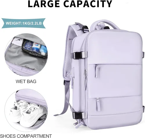 Vista 4 de coowoz Mochila de viaje grande para mujeres y hombres,Mochila de transporte,Mochila de senderismo impermeable para deportes al aire libre, Púrpura