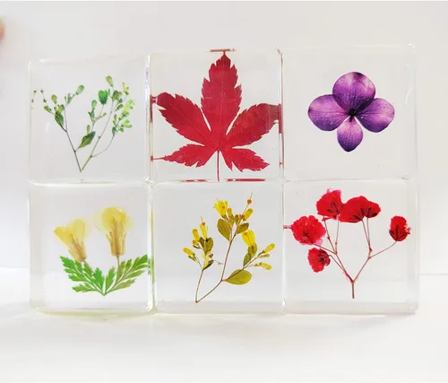 Vista 8 de Pisapapapeles de flores, 6 piezas de resina para escritorio con muestras de flores prensadas reales, decoración de mesa, cubo cuadrado transparente