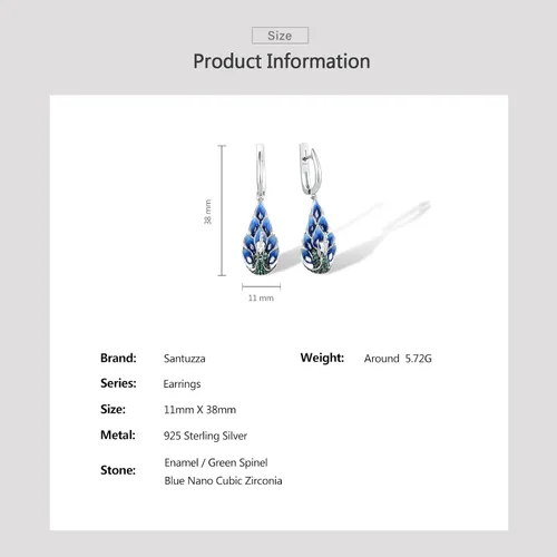 Vista 5 de Santuzza Aretes colgantes de plata de ley 925 con diseño de pavo real esmaltado para mujer