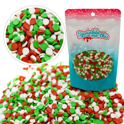Vista 5 de Confetti Christmas Sprinkles – Bolsa de dulces resellable de pie de 4 onzas – Mezcla de chispitas navideñas – Quins blancas, verdes y rojas