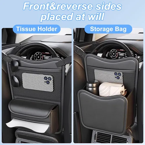 Vista 2 de Organizador de Coche para Almacenamiento Entre Asientos, Bolsa de Almacenamiento Colgante de Reposacabezas de Cuero Nappa, Soporte de Bolsillo