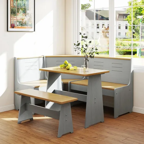 Vista 9 de Rincón de Desayuno Mesa de Comedor de Esquina de Cocina Juego de Banco y Silla, con Puertos de Carga, Almacenamiento Oculto que Ahorra Espacio 3-5
