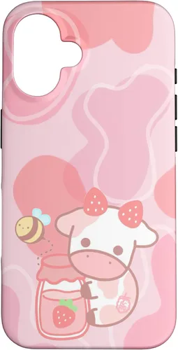 Vista 31 de Funda Kawaii para iPhone 12, diseño de vaca fresa, color rosa