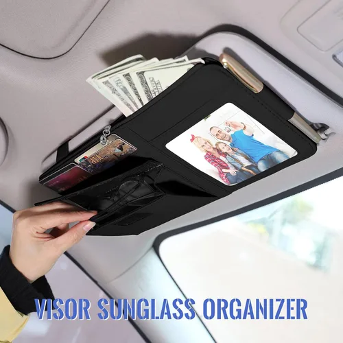 Vista 3 de Organizador de visera para automóvil, bolsa de almacenamiento organizadora de visera con marco de fotos y soporte para lentes de sol, práctico