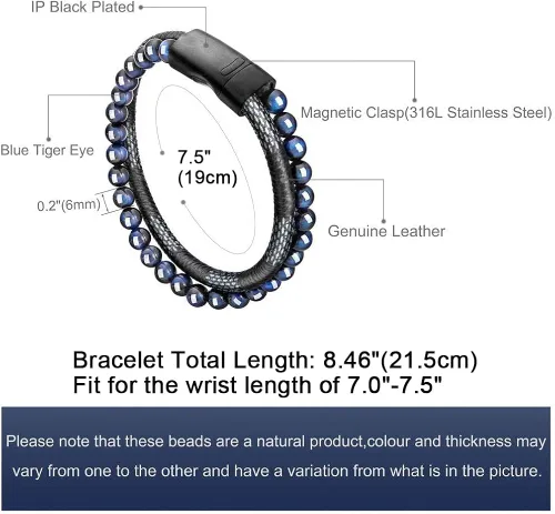Vista 2 de murtoo - Pulsera de piel con cuentas o abalorios para hombre cuentas naturales acero y piel