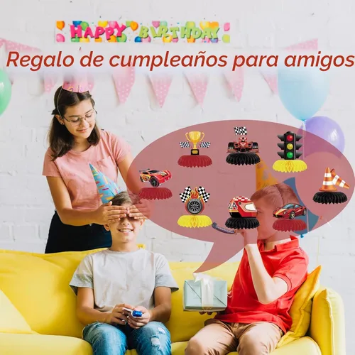 Vista 7 de 8 piezas de decoración de fiesta de coche de carreras, centro de mesa de papel de panal de abeja, centros de mesa Let's Go Racing de doble cara 3D