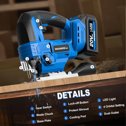 Vista 8 de Sierra de calar inalámbrica sin escobillas de 20 V con batería de 4.0 Ah 3200SPM, carrera de 1 pulgada Heavy-Duty Variable Speed Jigsaw Tool with