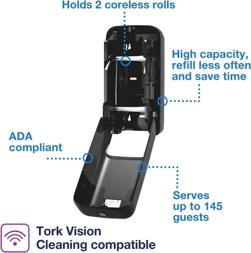 Vista 2 de Tork OptiServe - Dispensador de papel higiénico (2 rollos) sin cilindro de cartón interior, negro T7/T5, dispensador vertical, diseño de elevación +