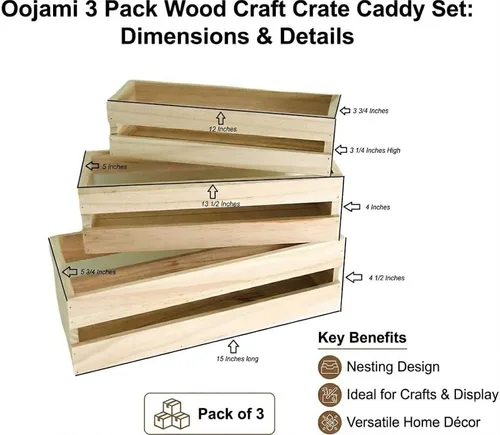 Vista 2 de Oojami Juego de 3 cajas de madera para manualidades, cajas de madera para exhibición, cajas de madera para manualidades, caja de madera decorativa