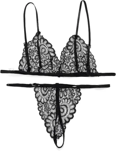 Vista 5 de Yokawe Lace Lingerie Set with Garter Belt Mesh Bra Panty Bikini Set Lingerie Outfits for Women and Girls