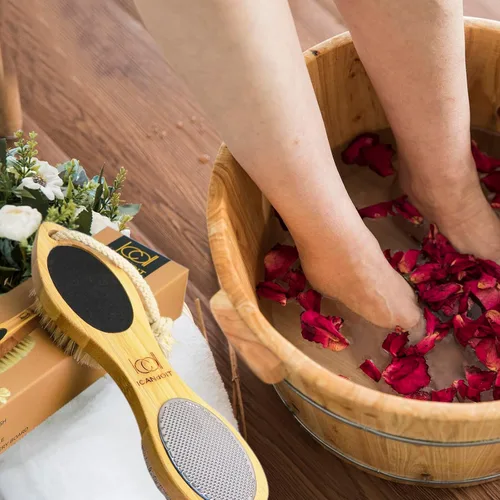 Vista 7 de ICDI ICANdOIT - Lima de bambú natural para pies, removedor de callos multiusos 4 en 1 pies, kit de pedicura con cepillo de cerdas de jabalí, piedra