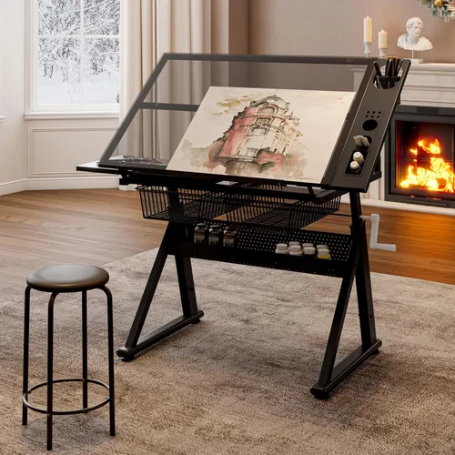 Vista 11 de Escritorio de mesa de dibujo ajustable en altura con taburete, parte superior de vidrio templado Blanco