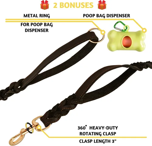 Vista 3 de Collar de cuero acolchado para perros medianos con correa de cuero de doble asa de 6 pies x 5/8 pulgadas