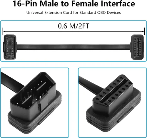 Vista 2 de CERRXIAN 2FT 0.6M OBDII OBD2 ángulo recto 16 Pin macho a hembra Extensión Cable plano, OBDII Herramienta de escaneo de diagnóstico Extensor Cable