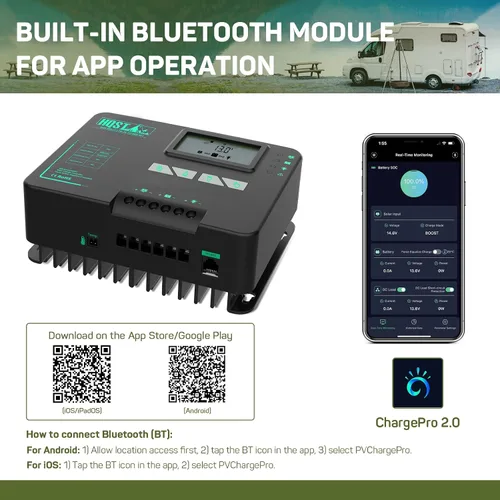 Vista 2 de HQST MPPT Controlador de Carga Solar de 20 Amperios Controlador con Conexión a Tierra Negativa con Pantalla LCD Bluetooth, Regulador de Panel Solar