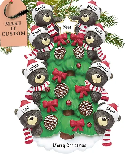 Vista 10 de Adorno personalizado de familia de 3 2025 Personalización gratuita las 24 horas Adornos de Navidad de oso negro para árbol Recuerdo