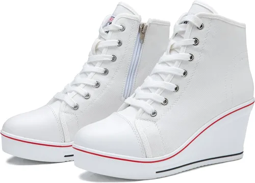 Vista 2 de Zapatos deportivos de cuña para mujer, plataforma de tacón alto, zapatos de lona con cordones y cremallera, zapatos de tenis de plataforma