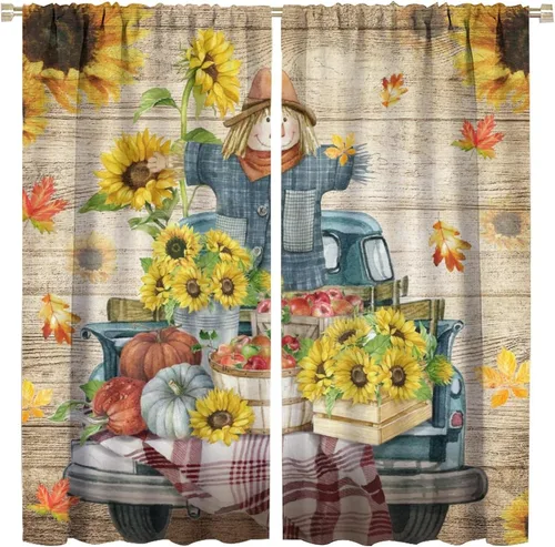 Vista 32 de Divertidas cortinas opacas de calabaza y espantapájaros para sala de estar, rústicas de otoño, hojas de arce, girasol, cosecha de otoño, puesta