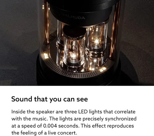 Vista 4 de BALMUDA El altavoz Altavoz Bluetooth portátil Sonido de cristal 3D y espectáculo de luz LED Recargable USB-C 3 modos de luz: vela