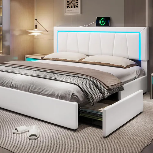 Vista 10 de Hasuit Marco de cama Full con 4 cajones de almacenamiento debajo, cama de plataforma tapizada tamaño Full con cabecera de cuero artificial, cama