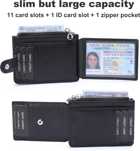 Vista 2 de Cartera delgada para mujer, de piel auténtica, tarjetero delgado con bloqueo RFID, carteras pequeñas