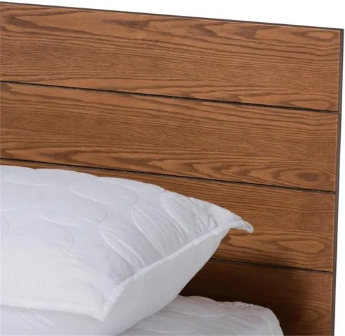 Vista 6 de Baxton Studio Regina - Cama de almacenamiento moderna de madera rústica con acabado marrón nogal y estantes integrados