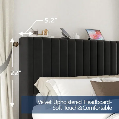 Vista 4 de VanAcc Base de cama tamaño Queen, plataforma tapizada de terciopelo con cabecera capitoné de canal, base de colchón con listones de madera,