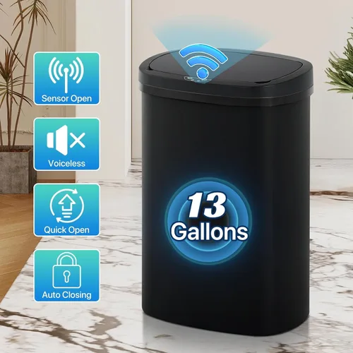 Vista 3 de Basurero automático de cocina de 13 galones con tapa, diseño sin contacto y silencioso con control de olores, para cocina dormitorio oficina