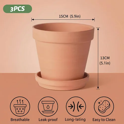 Vista 5 de 3 Set Terracotta Pots 6 Inch Indoor Plant Pot with Drainage Hole & Saucer Classic Ceramic Flower Pot for Herbs Small Plants