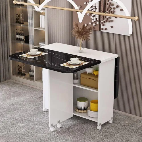 Vista 4 de LAKIQ Mesa de comedor plegable moderna con ruedas y estante de almacenamiento de 2 capas, mesa plegable de cocina rectangular con plomo para Beige