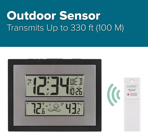 Vista 3 de La Crosse Technology 512-85937-INT Reloj de pared digital atómico con temperatura y pronóstico en gris/plateado
