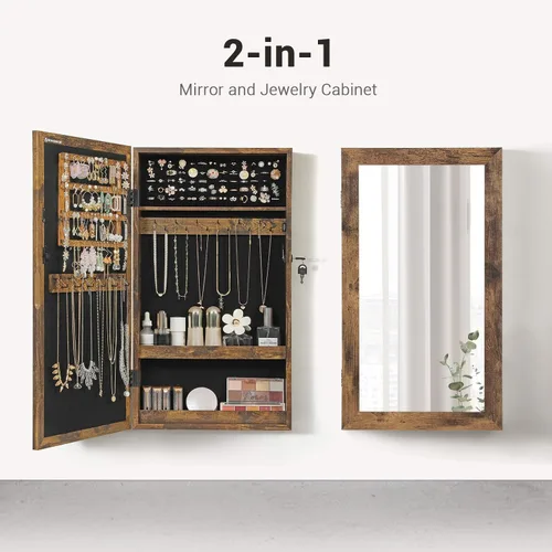Vista 2 de SONGMICS Armario de joyería con cerradura con espejo, organizador de almacenamiento de joyas para ahorrar espacio montado en la pared, color marrón