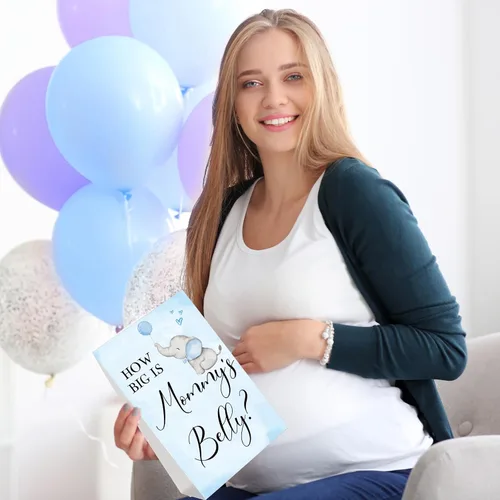 Vista 93 de Sabary 64 Piezas Juegos de Baby Shower Incluyen Letrero How Big is Mommy's Belly Sign Measure Bump Game 50 Tarjetas 10 Lápices 3 Cintas Métricas