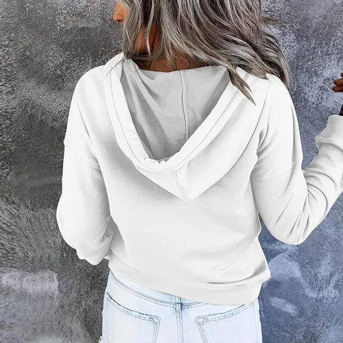 Vista 4 de Sudadera con capucha y media cremallera para mujer, con cordón, atlética, moderna, con bolsillo frontal, manga larga, para otoño