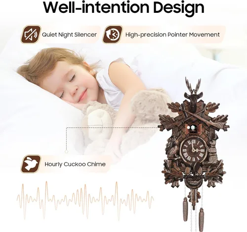 Vista 6 de Reloj de cuco de madera de estilo alemán con péndulo, funciona con pilas, reloj de pared con decoración de bosque, silenciador nocturno y volumen