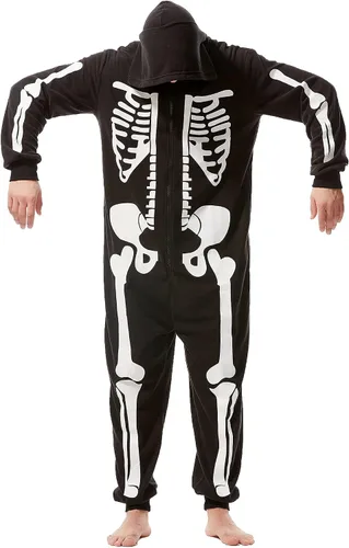 Vista 7 de Disfraz de esqueleto de Halloween para hombre adulto, overol unisex de felpa, acogedor disfraz de cosplay de una pieza para hombre